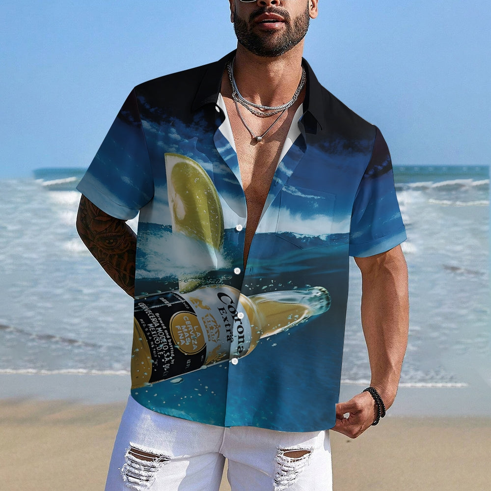 Beer Surf Print Casual Oversized Hawaiian Shirt