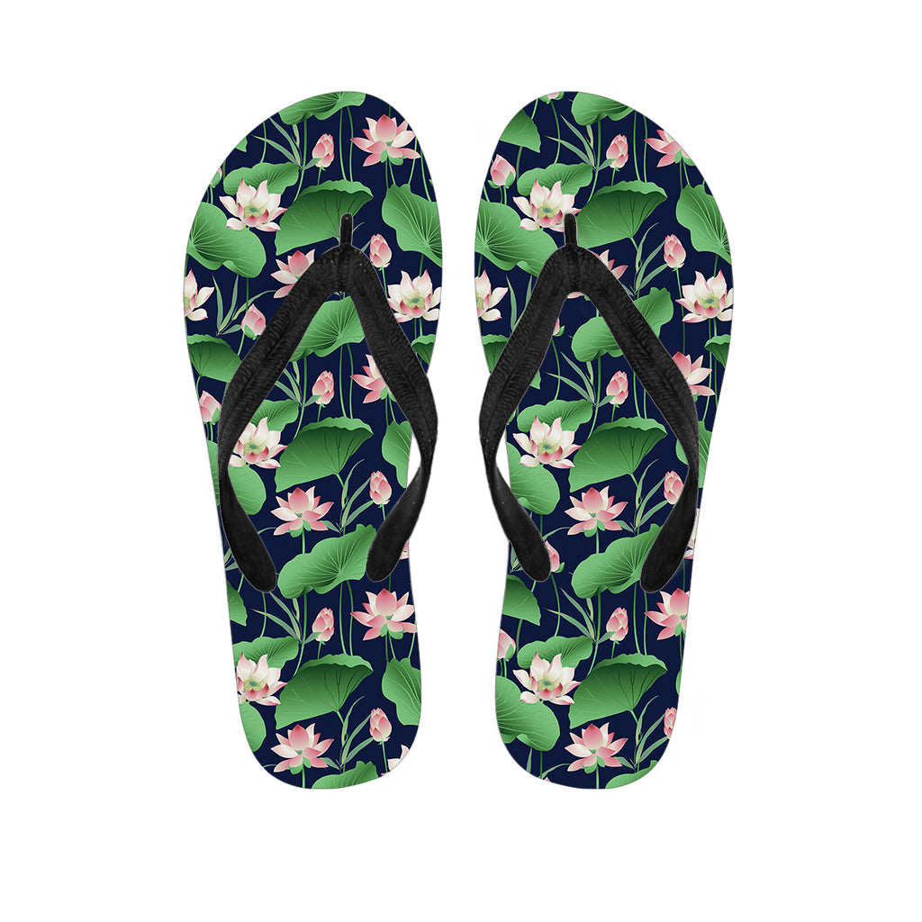 Authentic Hawaiian Style: Flower and Leaf Lotus Pattern Print Flip Flops - 1