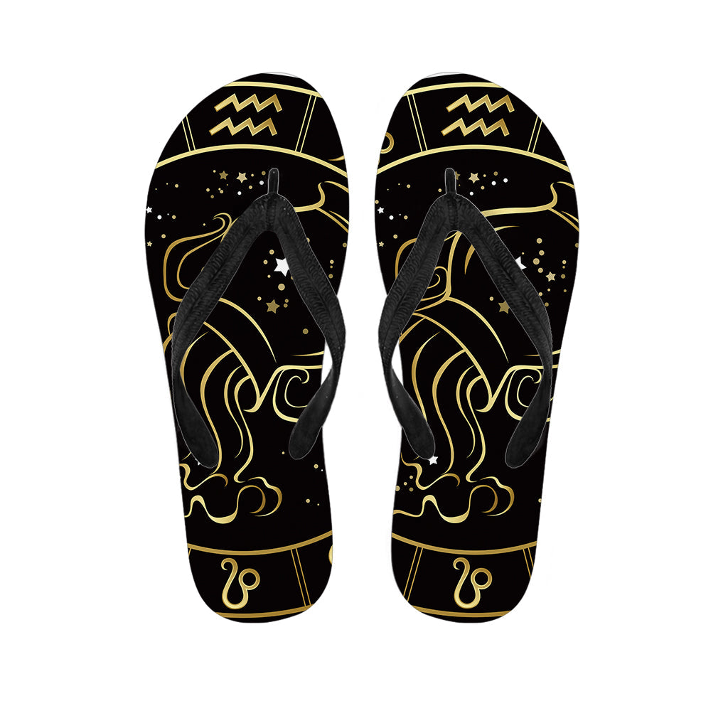 Aloha Chic: Gold and Black Aquarius Sign Print Flip Flops - 1