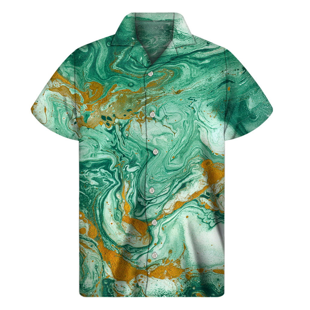 Green and Gold Liquid Marble Hawaiian Outfit - Men&#39;s Short Sleeve Shirt - 1