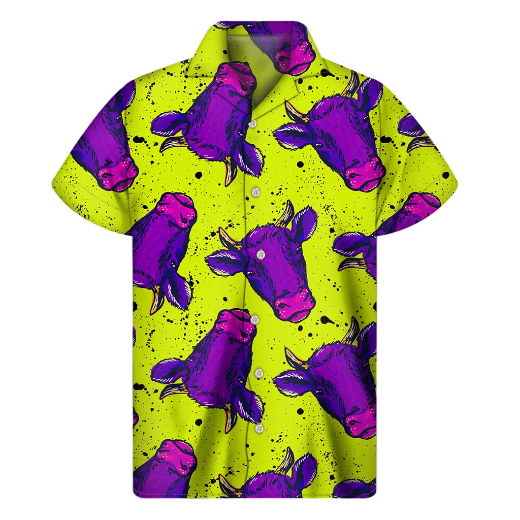 Lime Green and Purple Hawaiian Cow Print Men&#39;s Short Sleeve Shirt - 1