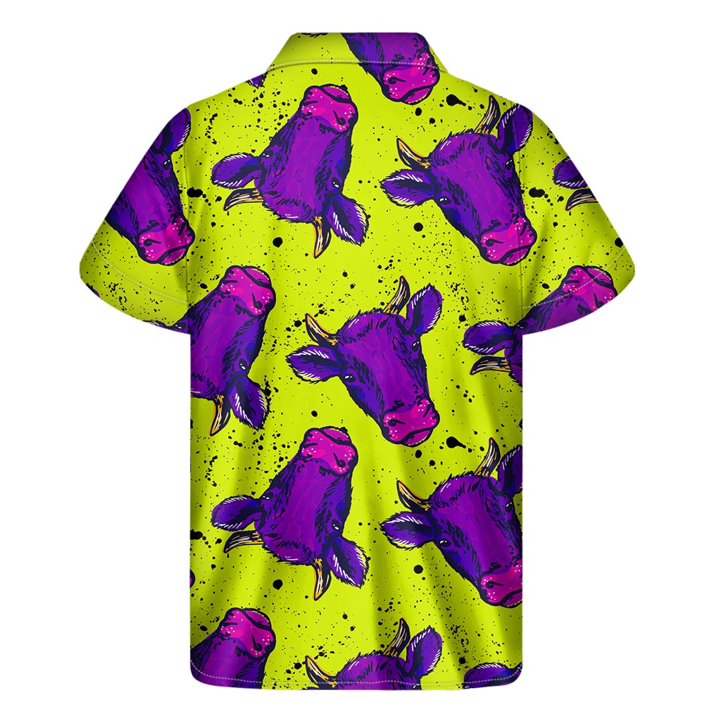 Lime Green and Purple Hawaiian Cow Print Men&#39;s Short Sleeve Shirt - 2