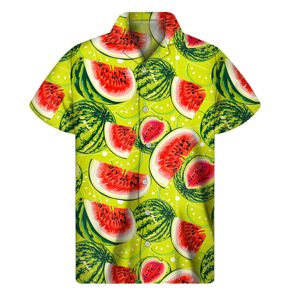 Lime Green Watermelon Pattern Print Hawaiian Short Sleeve Shirt - 1