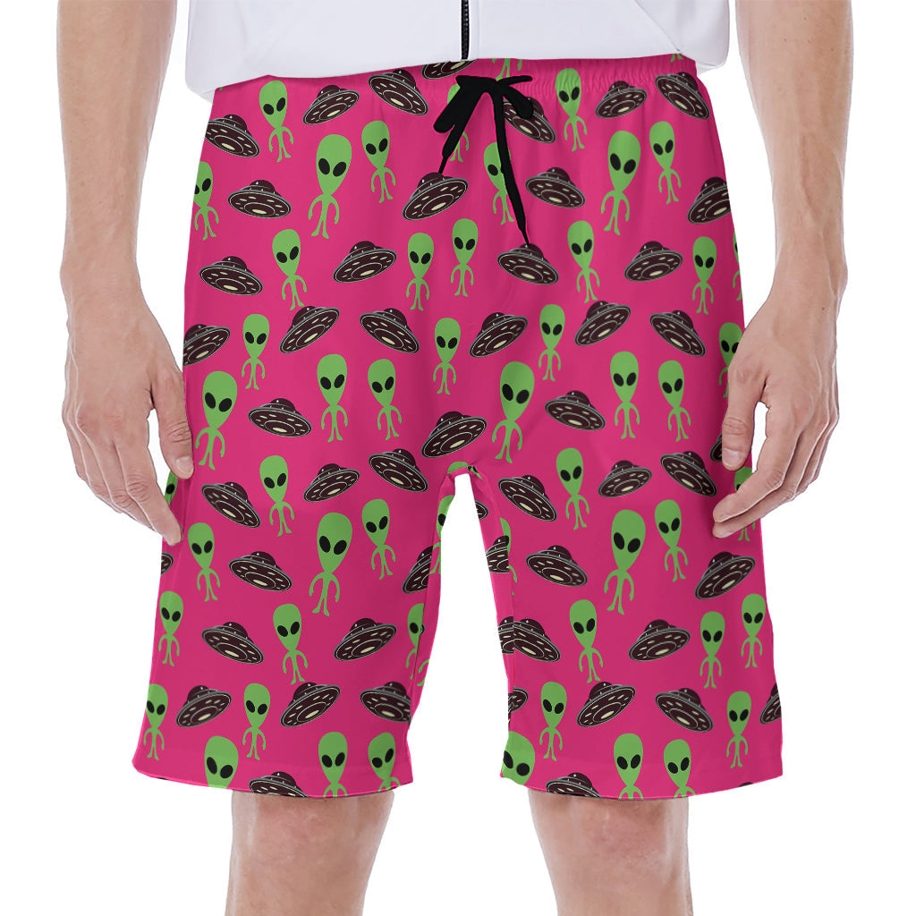 Alien Invasion: Hawaiian Men's Beach Shorts with UFO Print - 1