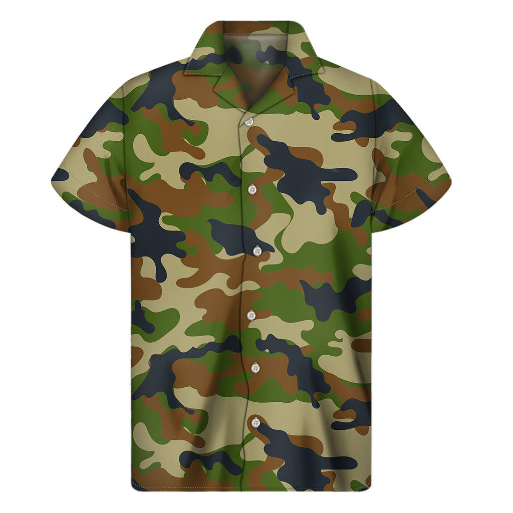 Tropical Vibes: Military Green Camouflage Hawaiian Short Sleeve Shirt - 1