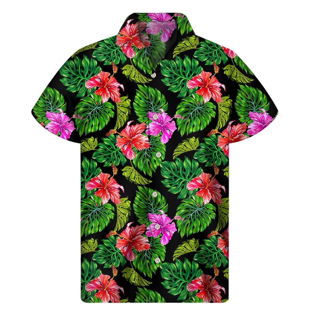 Tropical Vibes: Monstera Hibiscus Hawaiian Style Short Sleeve Shirt - 1