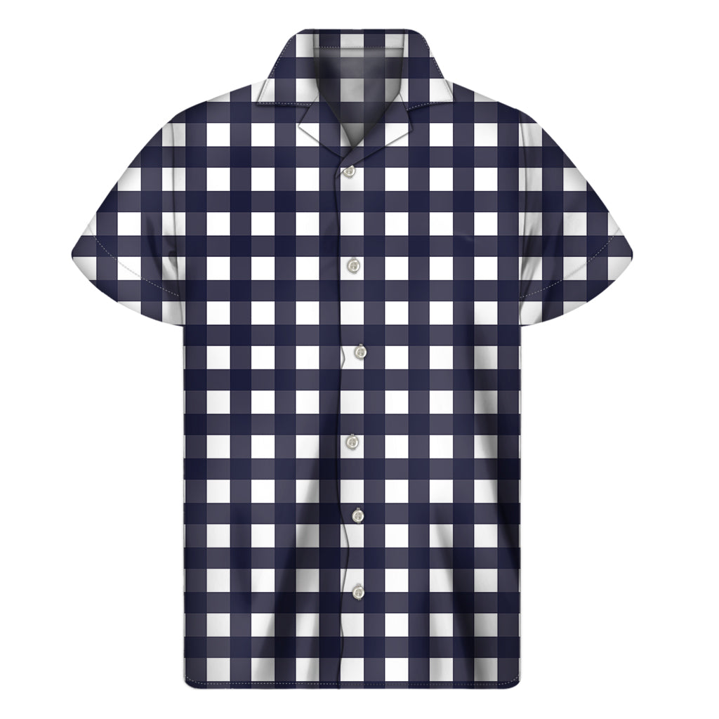 Navy and White Checkered Hawaiian Aloha Shirt for Men - 1