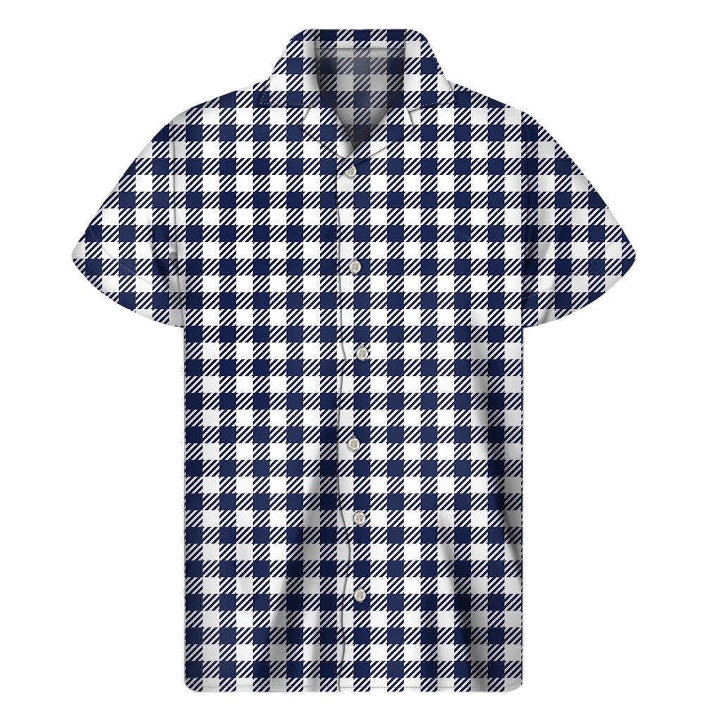 Navy and White Gingham Hawaiian Print Short Sleeve Shirt - 1