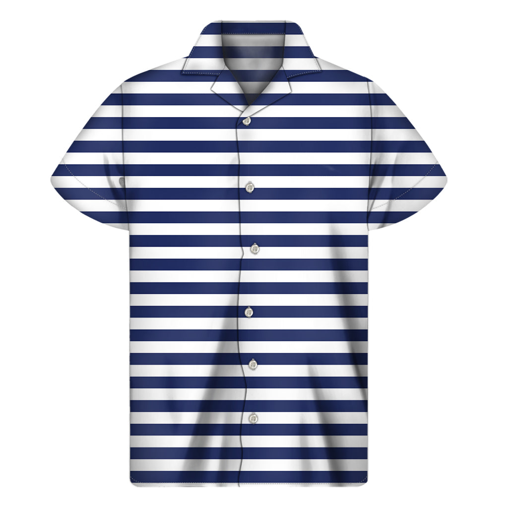 Island Breeze: Navy and White Striped Hawaiian Short Sleeve Shirt - 1