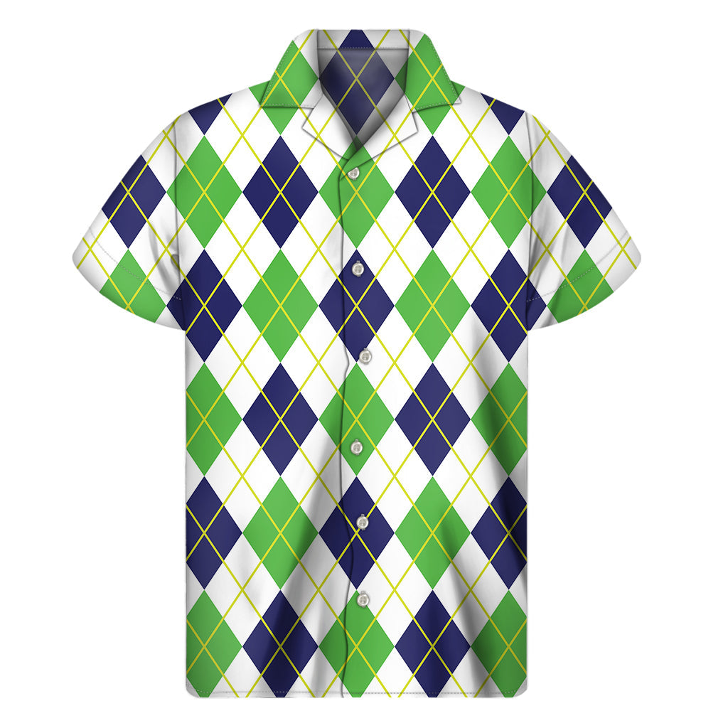 Navy, Green, and White Argyle Hawaiian Print Short Sleeve Shirt - 1