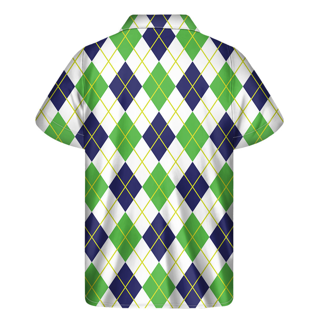 Navy, Green, and White Argyle Hawaiian Print Short Sleeve Shirt - 2