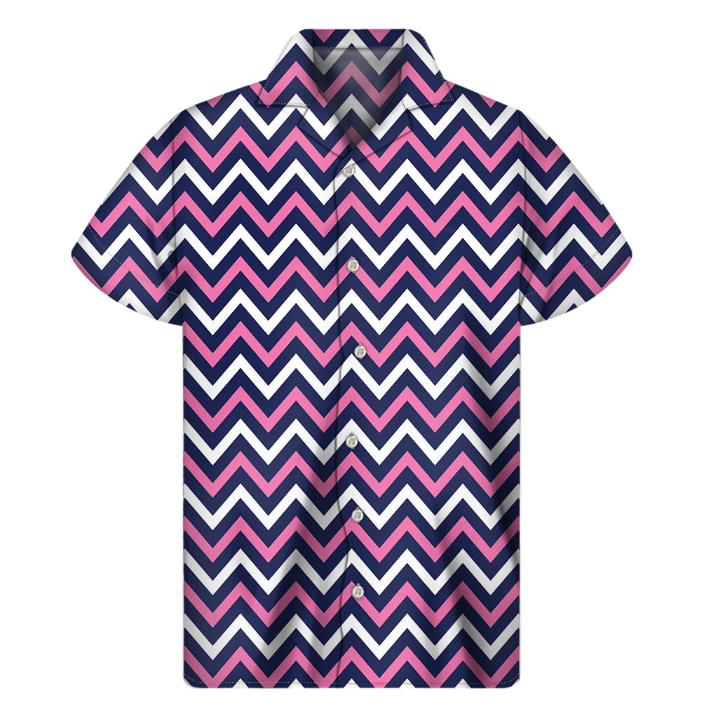 Navy, Pink, and White Chevron Print Hawaiian Short Sleeve Shirt - 1