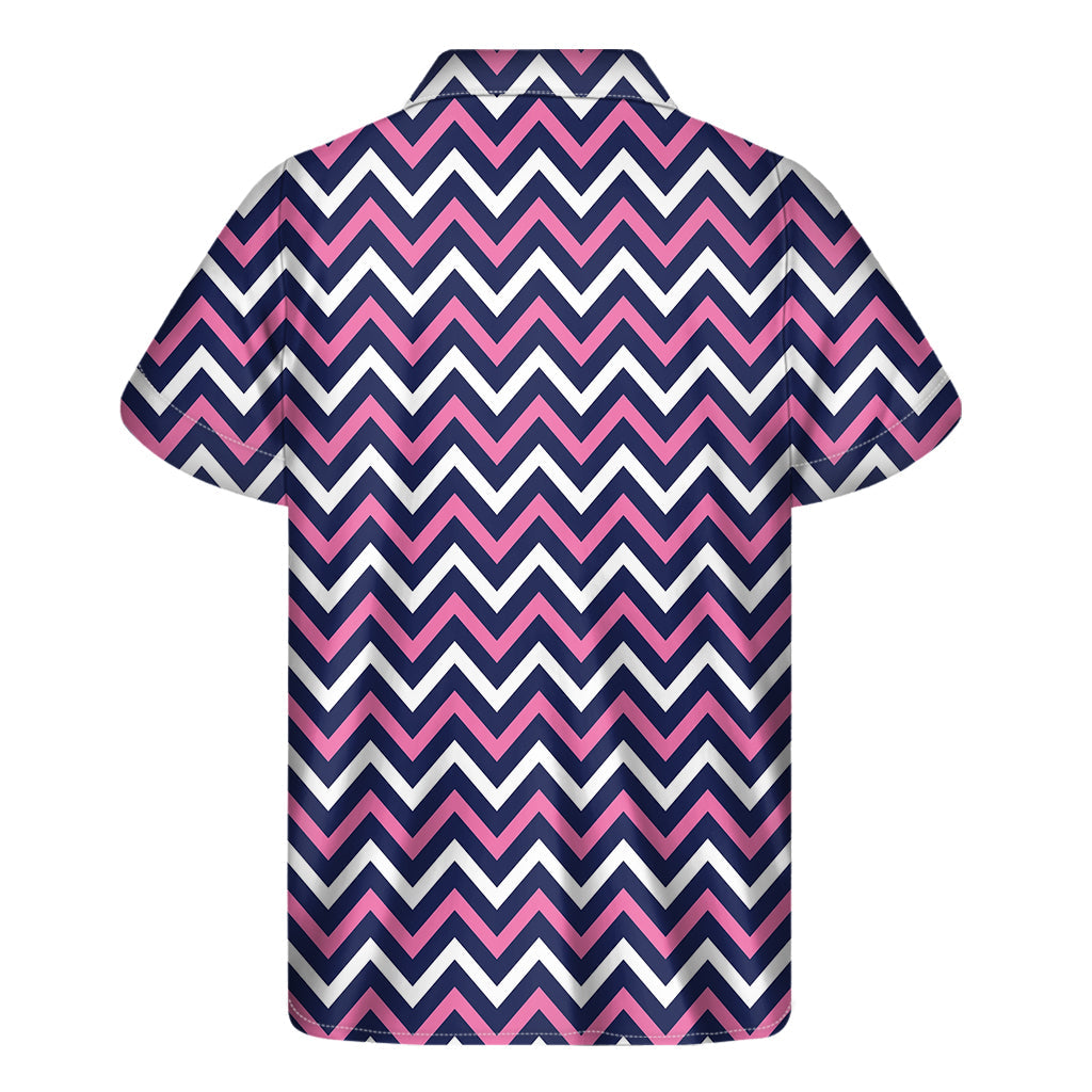 Navy, Pink, and White Chevron Print Hawaiian Short Sleeve Shirt - 2