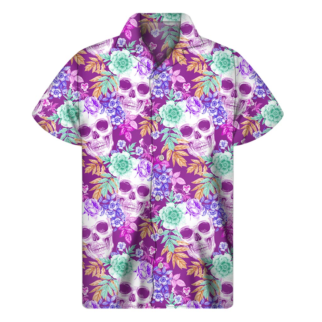 Neon Skull Hawaiian Print Short Sleeve Shirt - 1