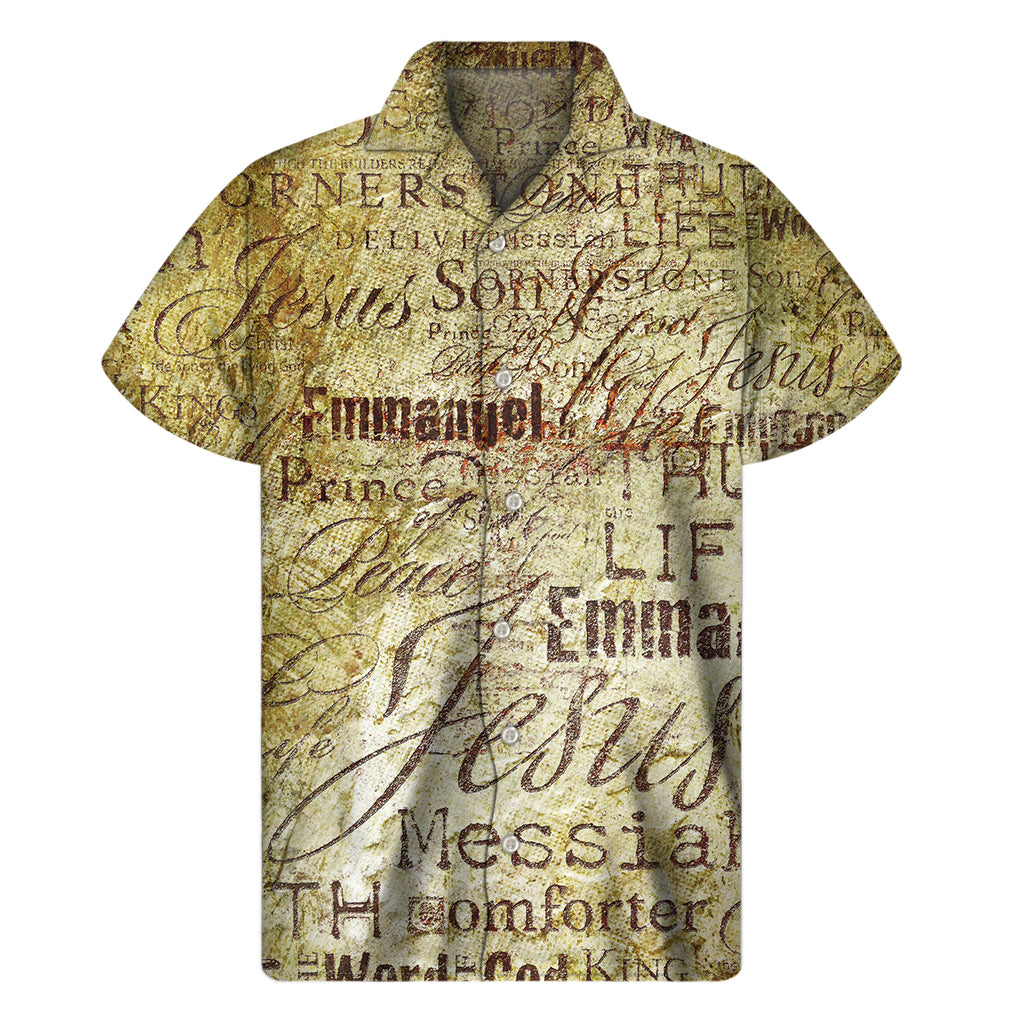 Tropical Vibes: Men&#39;s Hawaiian Short Sleeve Shirt with Old Religious Words Print - 1