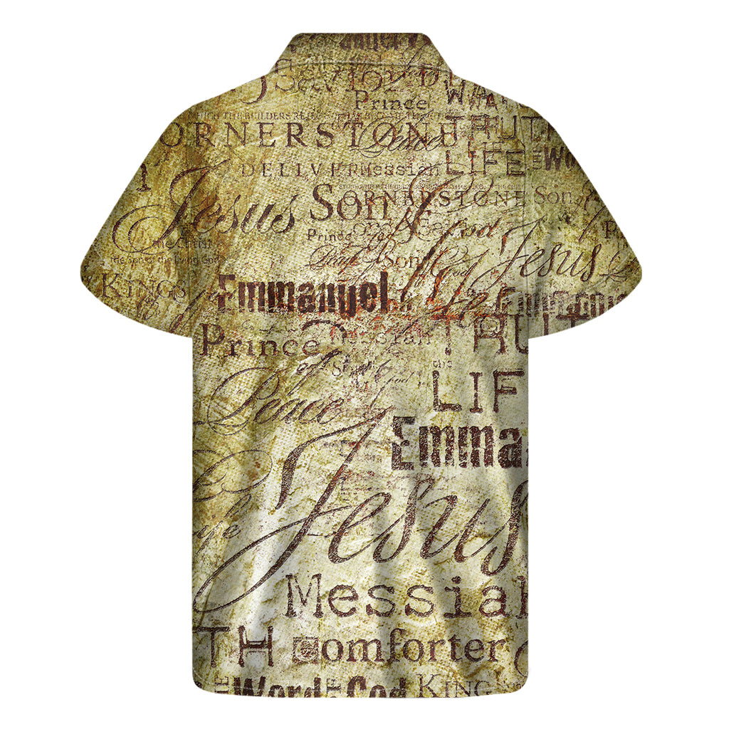 Tropical Vibes: Men&#39;s Hawaiian Short Sleeve Shirt with Old Religious Words Print - 2