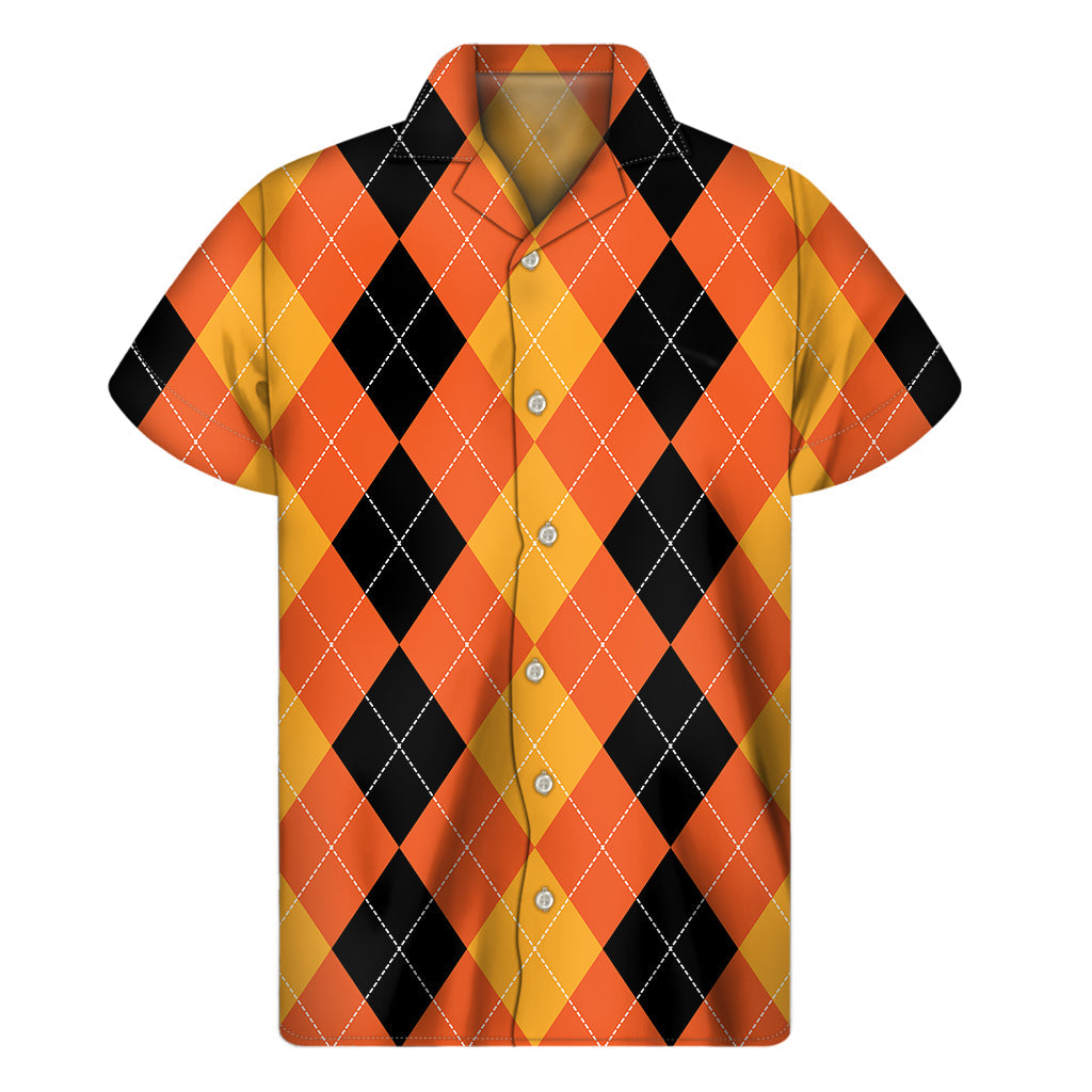 Orange and Black Argyle Hawaiian Short Sleeve Shirt - 1