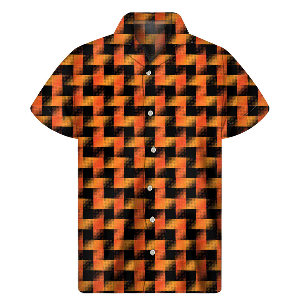 Sunset Palms: Hawaiian Style Short Sleeve Shirt in Orange and Black Buffalo Check Print - 1