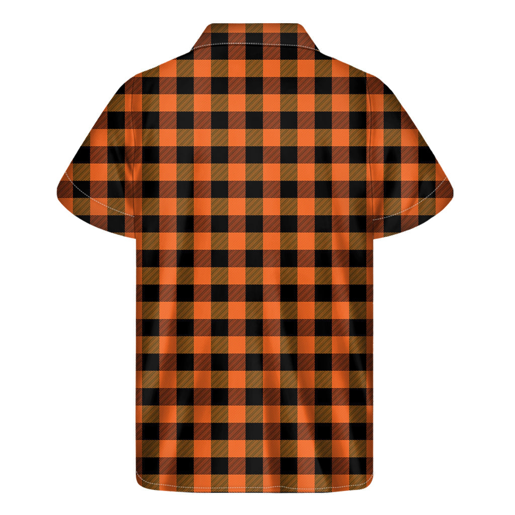 Sunset Palms: Hawaiian Style Short Sleeve Shirt in Orange and Black Buffalo Check Print - 2