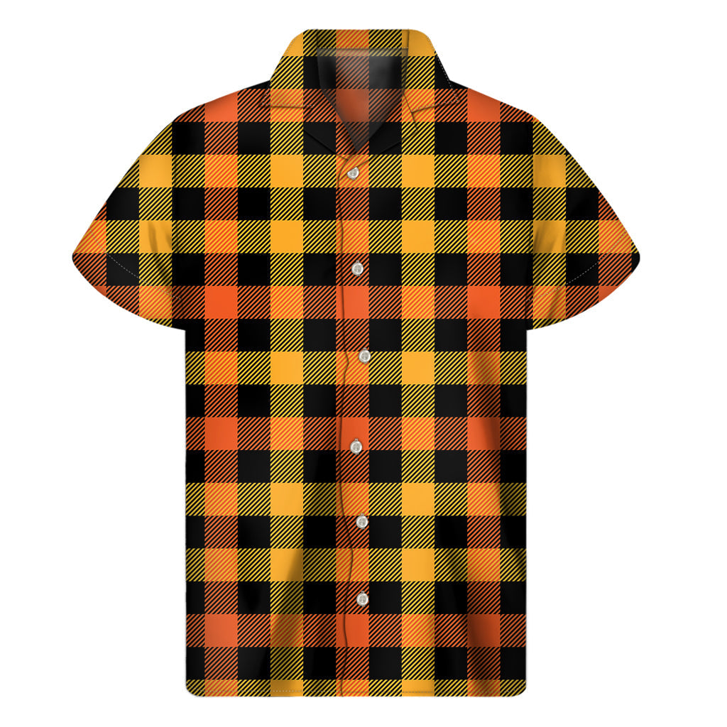 Hawaiian Vibes: Orange and Black Buffalo Plaid Men&#39;s Short Sleeve Shirt - 1