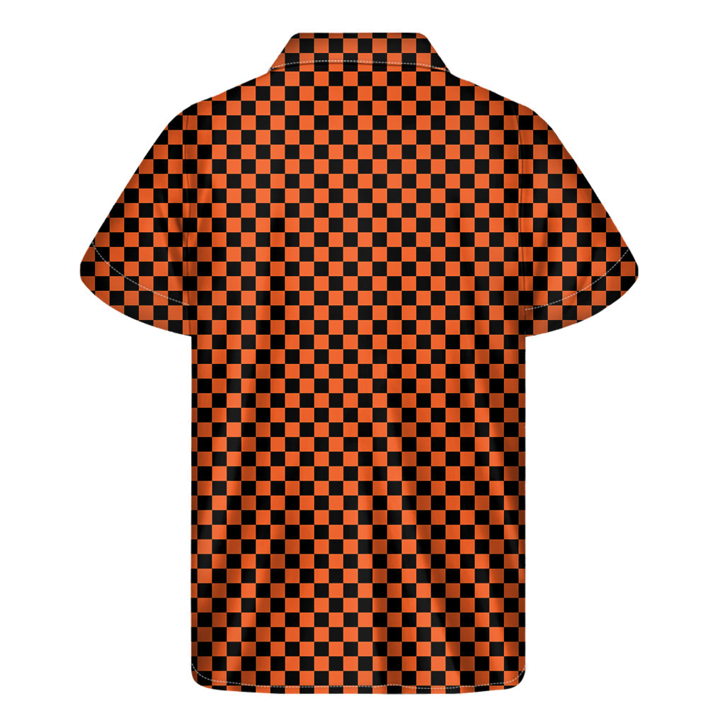 Tropical Vibes: Men&#39;s Orange and Black Checkered Hawaiian Shirt - 2