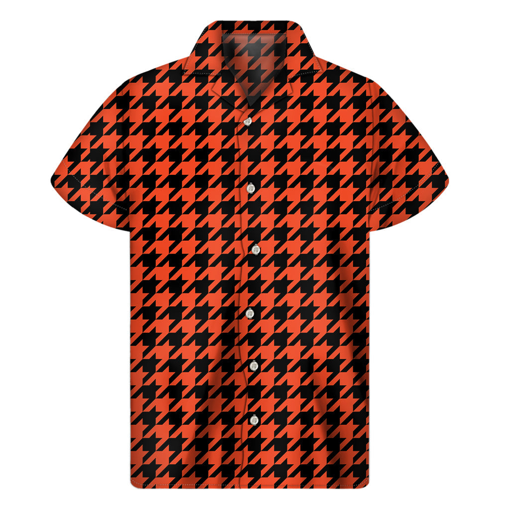 Tropical Vibes: Orange and Black Houndstooth Hawaiian Short Sleeve Shirt - 1