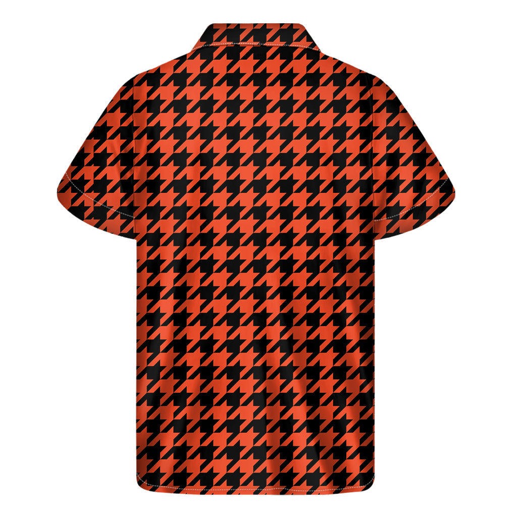 Tropical Vibes: Orange and Black Houndstooth Hawaiian Short Sleeve Shirt - 2