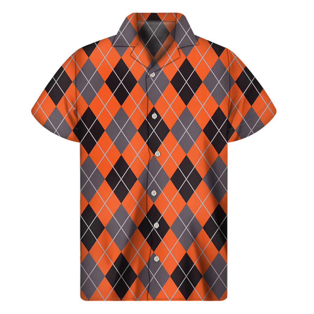 Orange and Grey Hawaiian Halloween Argyle Print Short Sleeve Shirt - 1