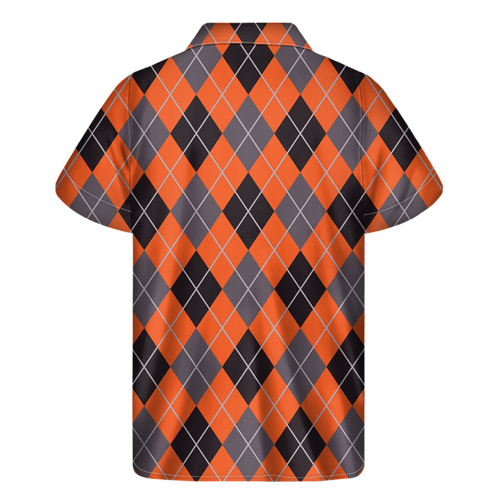 Orange and Grey Hawaiian Halloween Argyle Print Short Sleeve Shirt - 2