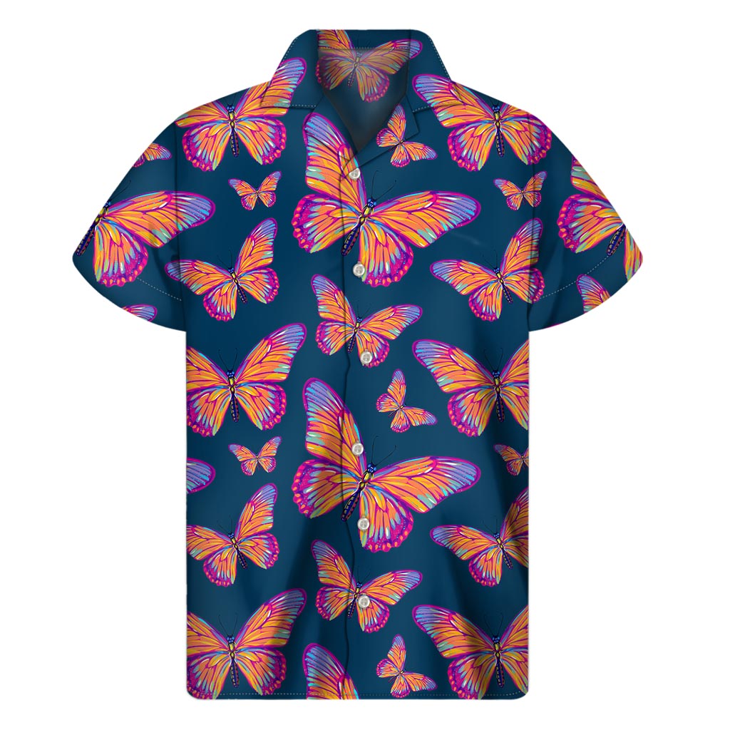 Orange and Purple Butterfly Print Hawaiian Men&#39;s Short Sleeve Shirt - 1