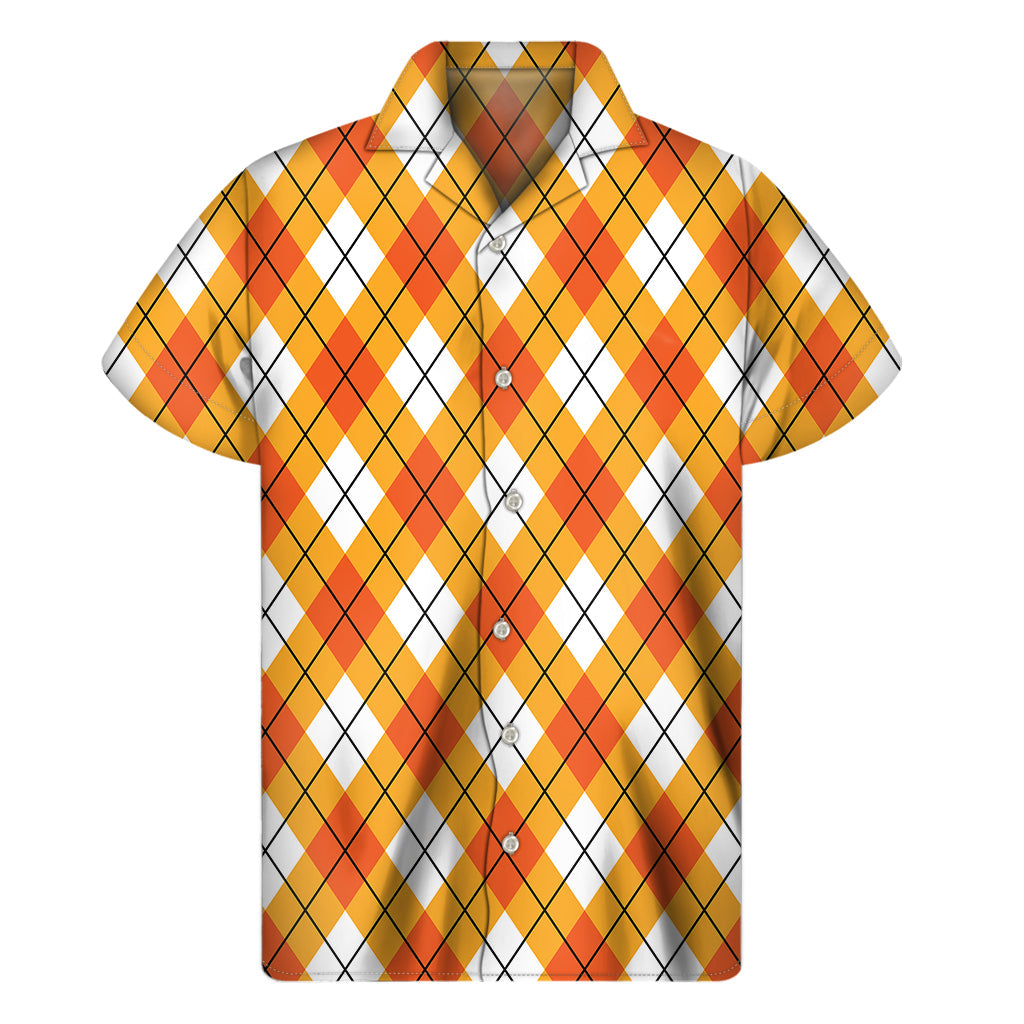 Orange and White Hawaiian Argyle Print Short Sleeve Shirt - 1