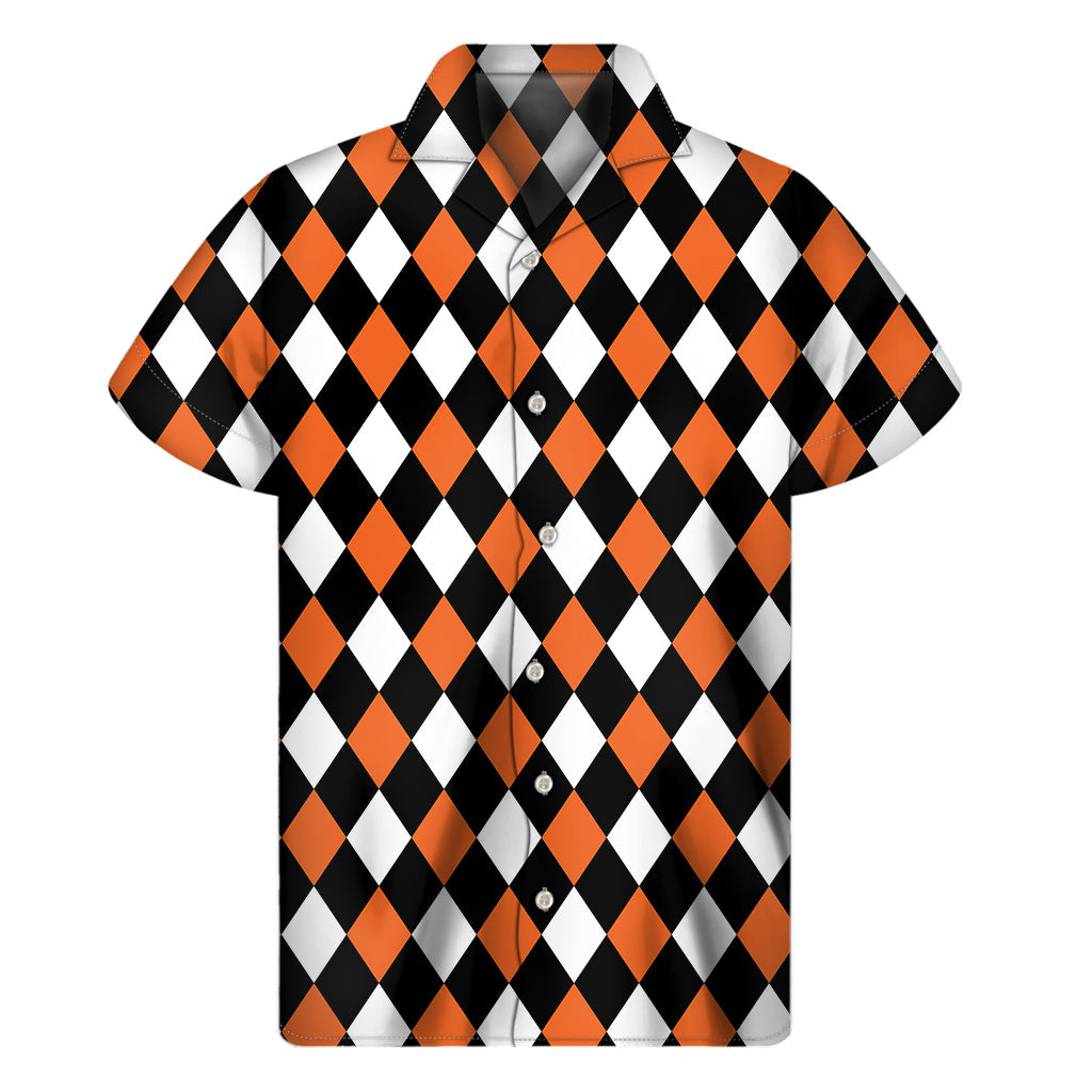 Orange, Black, and White Harlequin Print Hawaiian Short Sleeve Shirt - 1