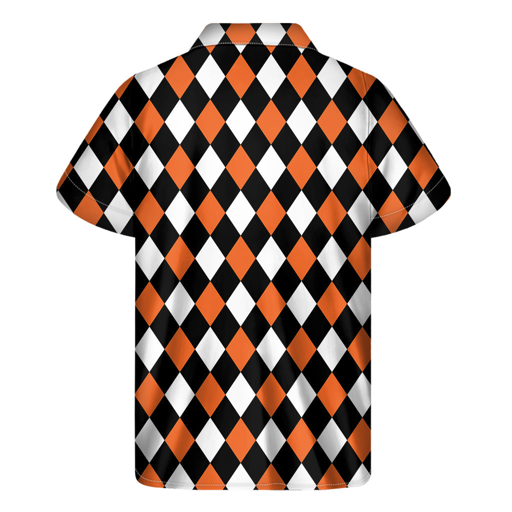 Orange, Black, and White Harlequin Print Hawaiian Short Sleeve Shirt - 2