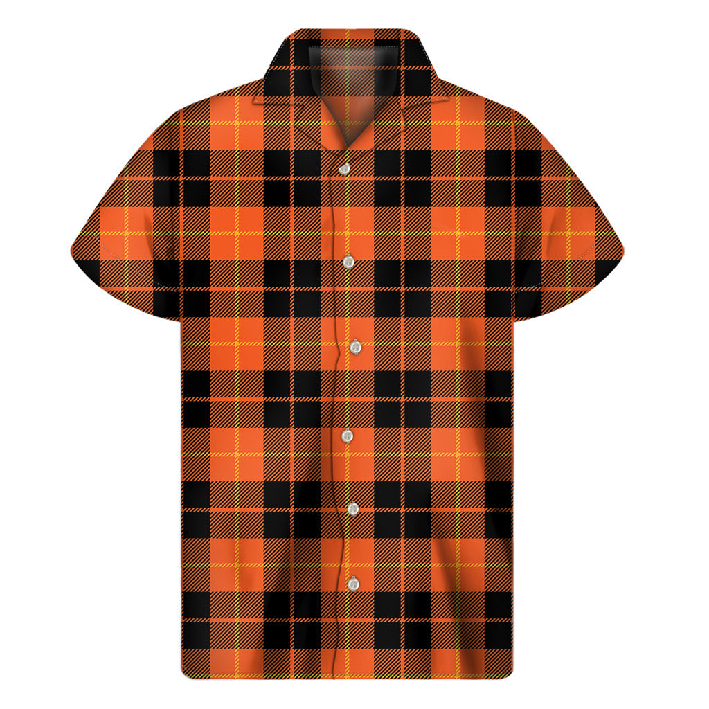 Island Vibes: Orange, Black, and Yellow Tartan Print Hawaiian Short Sleeve Shirt - 1