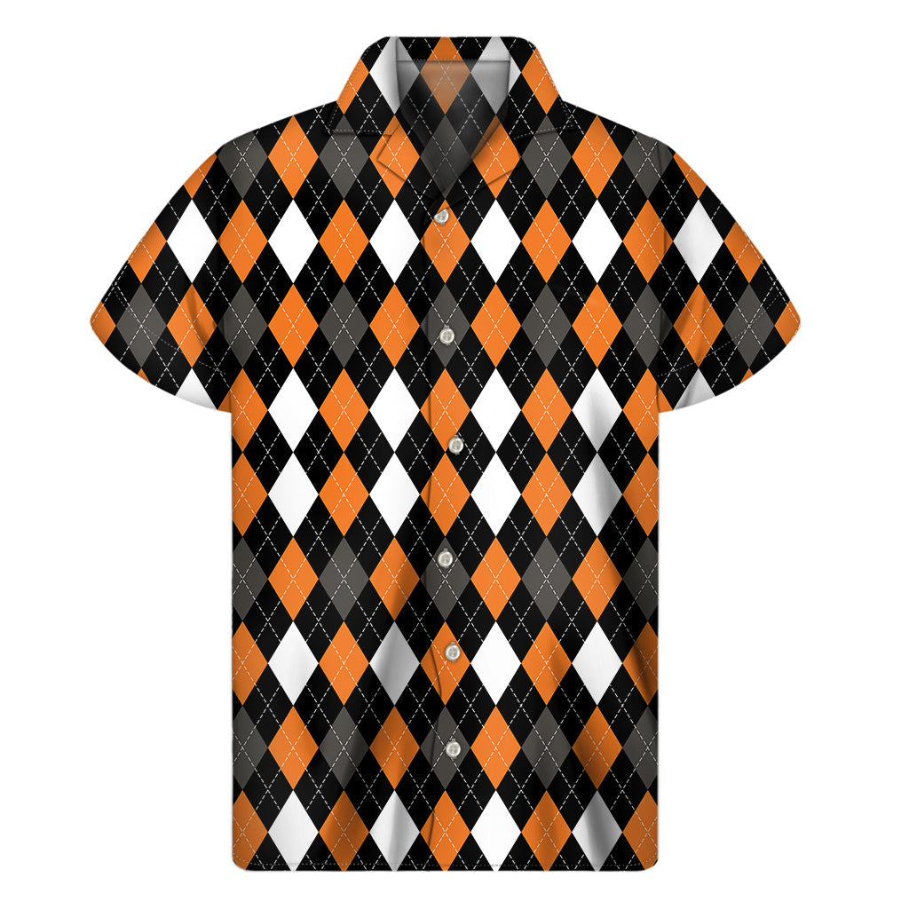 Orange, Black, Grey, and White Argyle Print Hawaiian Short Sleeve Shirt - 1