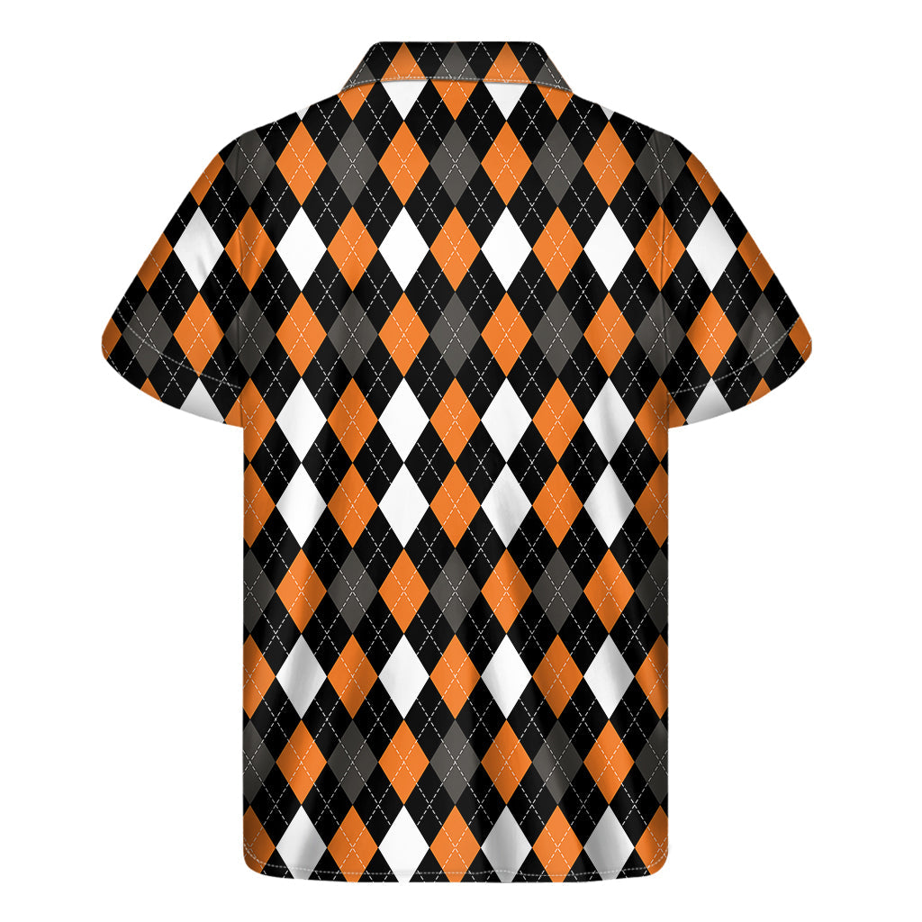 Orange, Black, Grey, and White Argyle Print Hawaiian Short Sleeve Shirt - 2