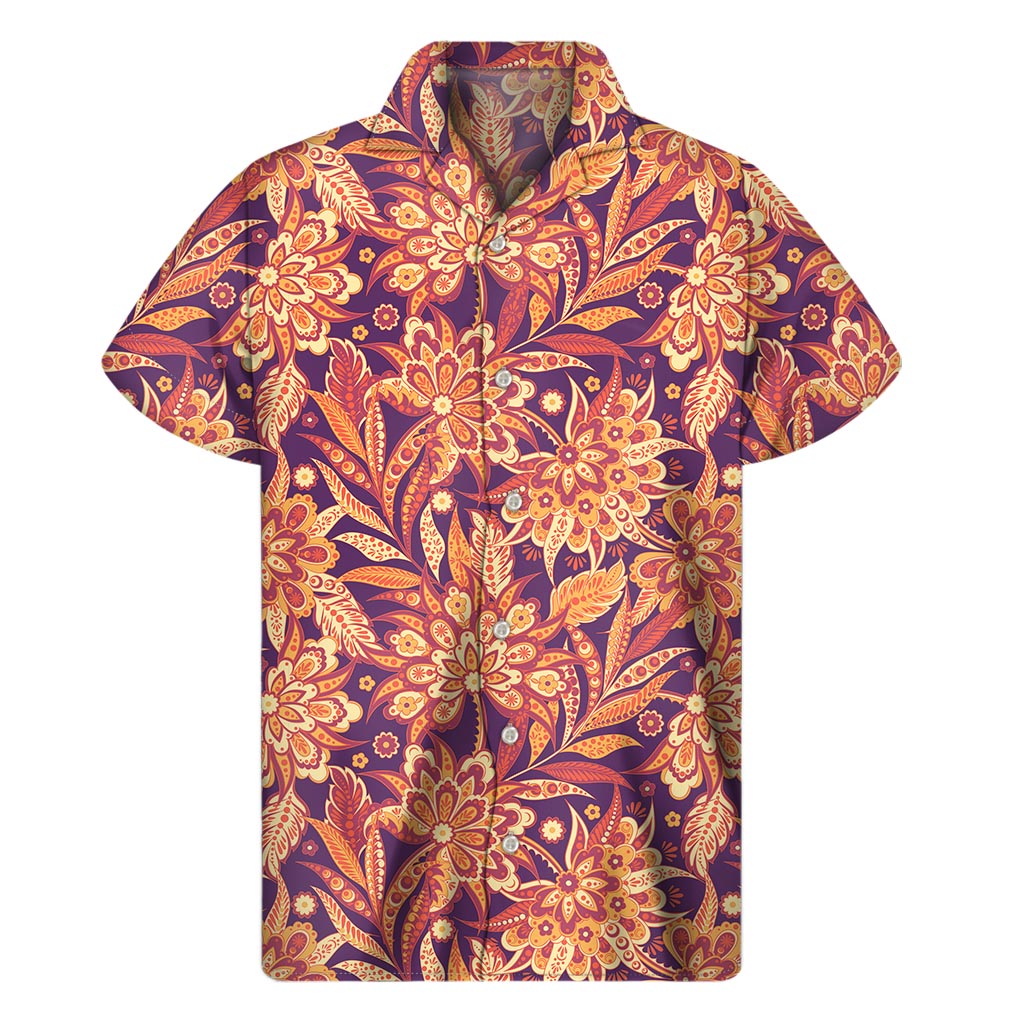 Orange Hawaiian Floral Print Short Sleeve Shirt - 1