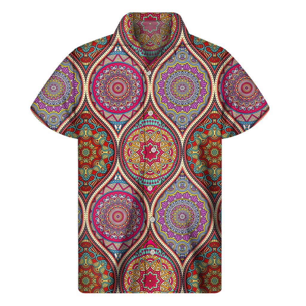 Tropical Vibes: Oval Bohemian Mandala Patchwork Hawaiian Short Sleeve Shirt - 1