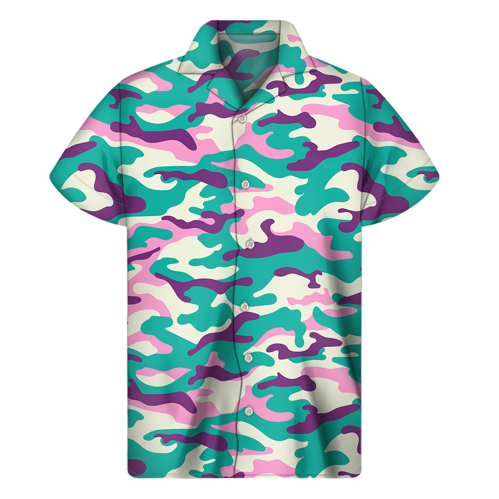 Pastel Teal and Purple Camouflage Hawaiian Shirt - 1