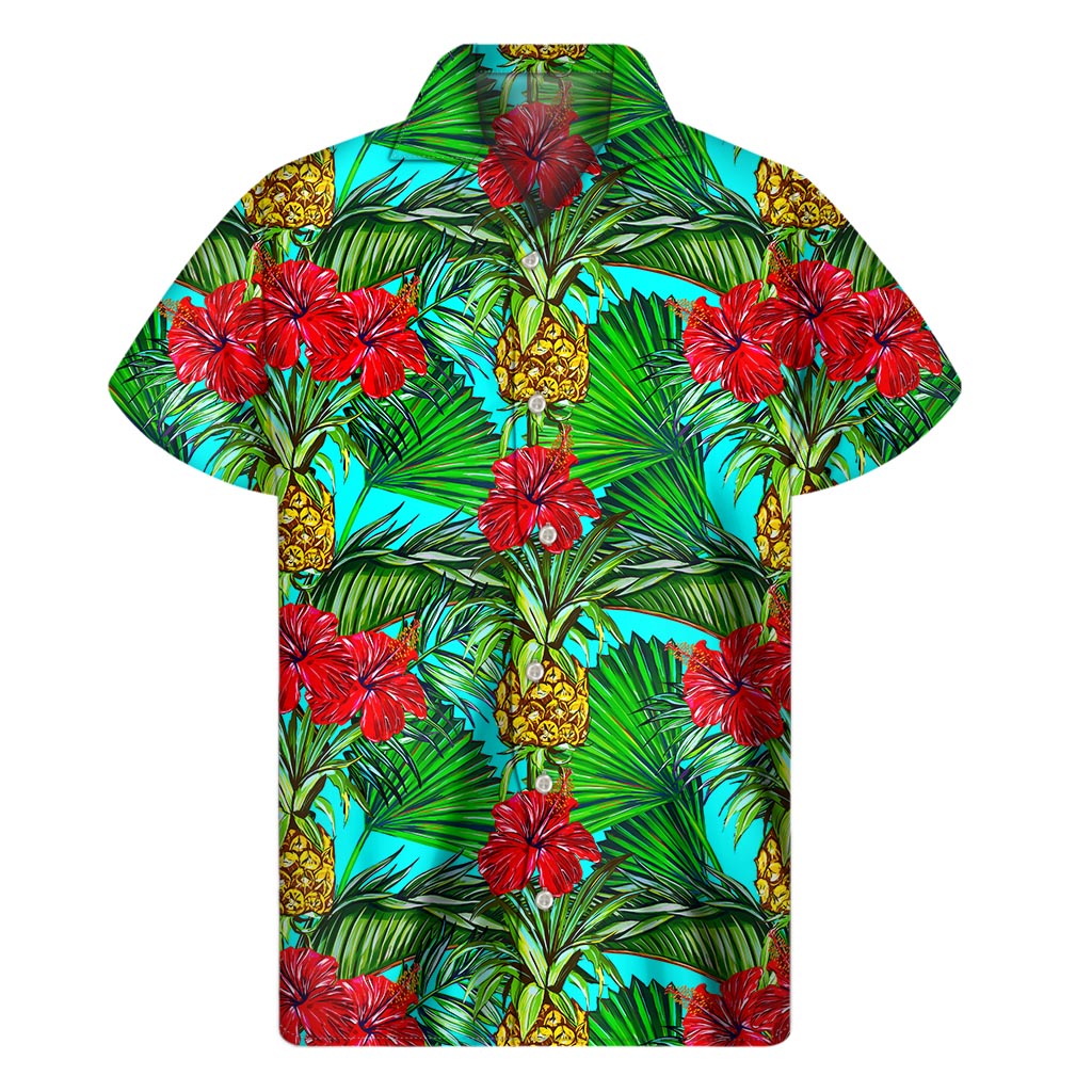 Pineapple Hibiscus Hawaiian Print Short Sleeve Shirt: Channeling Island Vibes in Style - 1