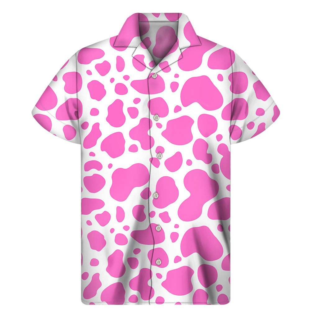 Pink and White Cow Print Hawaiian Short Sleeve Shirt - 1