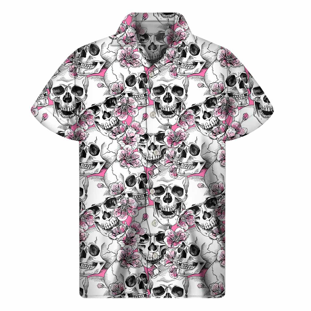 Pink Flowers and Skulls Hawaiian Short Sleeve Shirt - 1