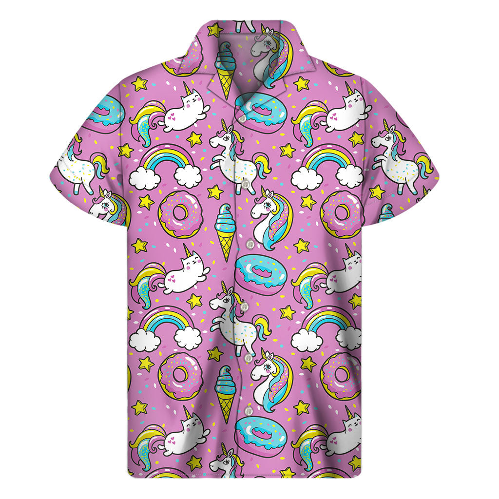 Tropical Vibes: Men&#39;s Pink Girly Unicorn Donut Hawaiian Short Sleeve Shirt - 1