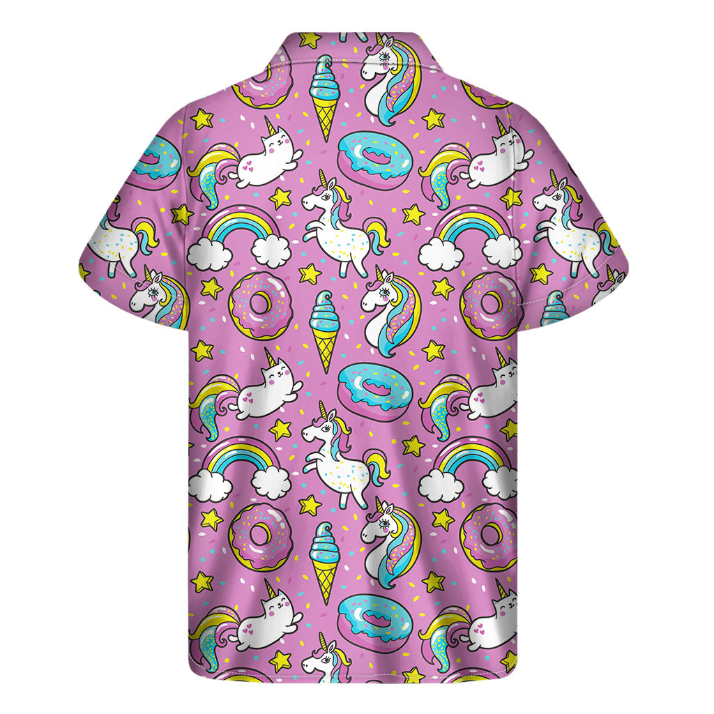 Tropical Vibes: Men&#39;s Pink Girly Unicorn Donut Hawaiian Short Sleeve Shirt - 2