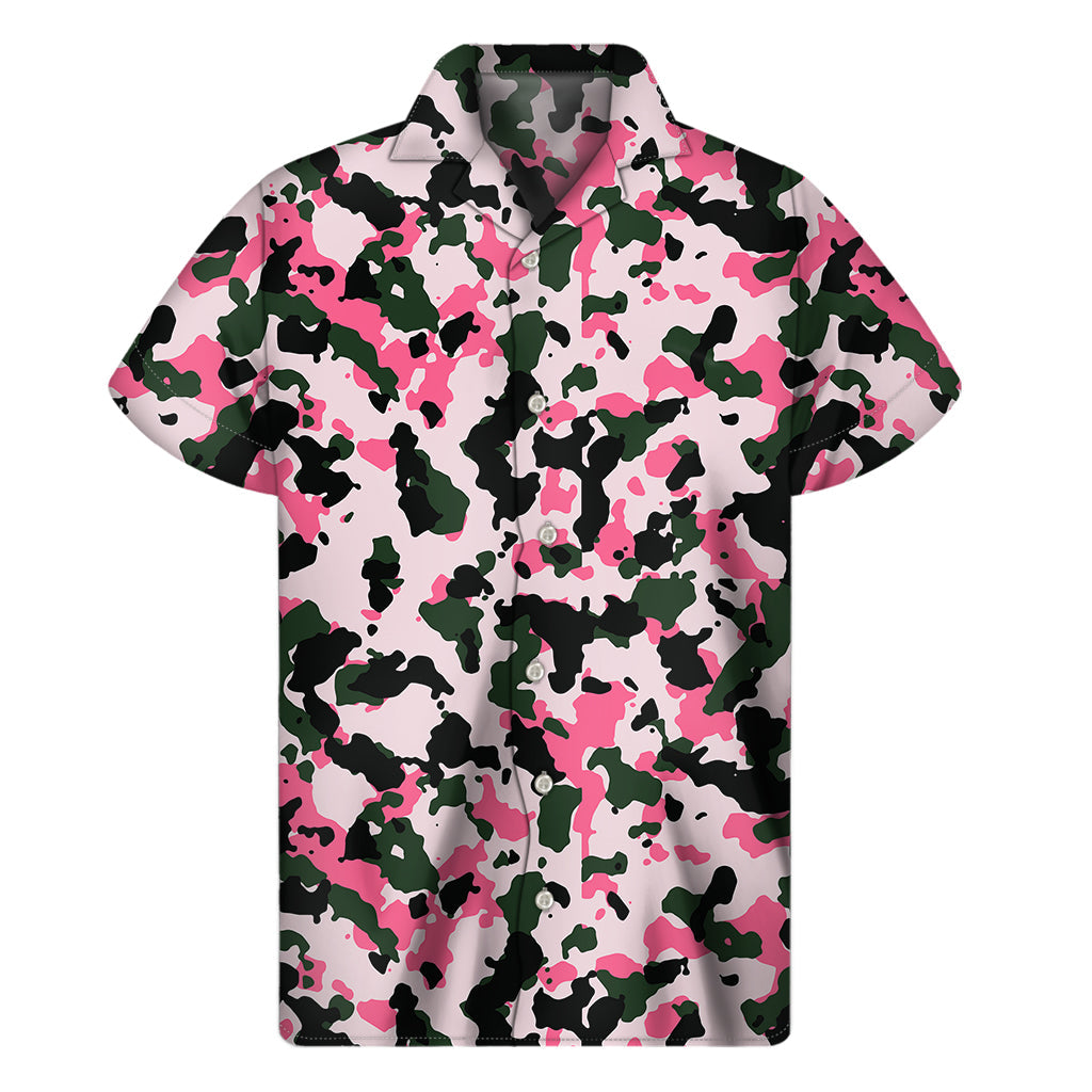 Island Camo Vibes: Pink, Green, and Black Hawaiian Short Sleeve Shirt - 1