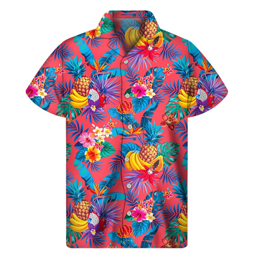 Paradise Pink: Hawaiian Fruits Pattern Men&#39;s Short Sleeve Shirt - 1