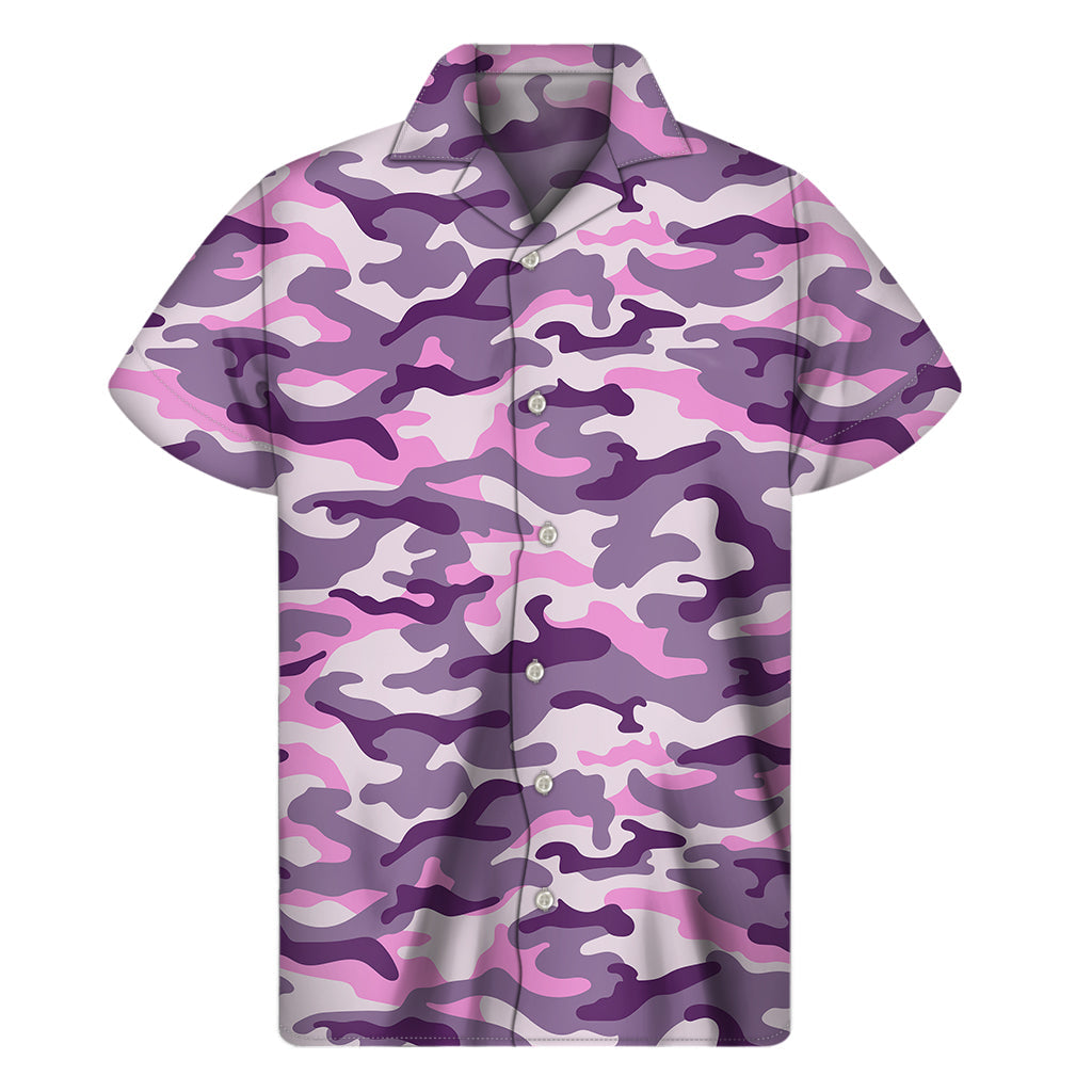 Island Vibes: Pink, Purple, and Grey Camouflage Print Hawaiian Shirt - 1