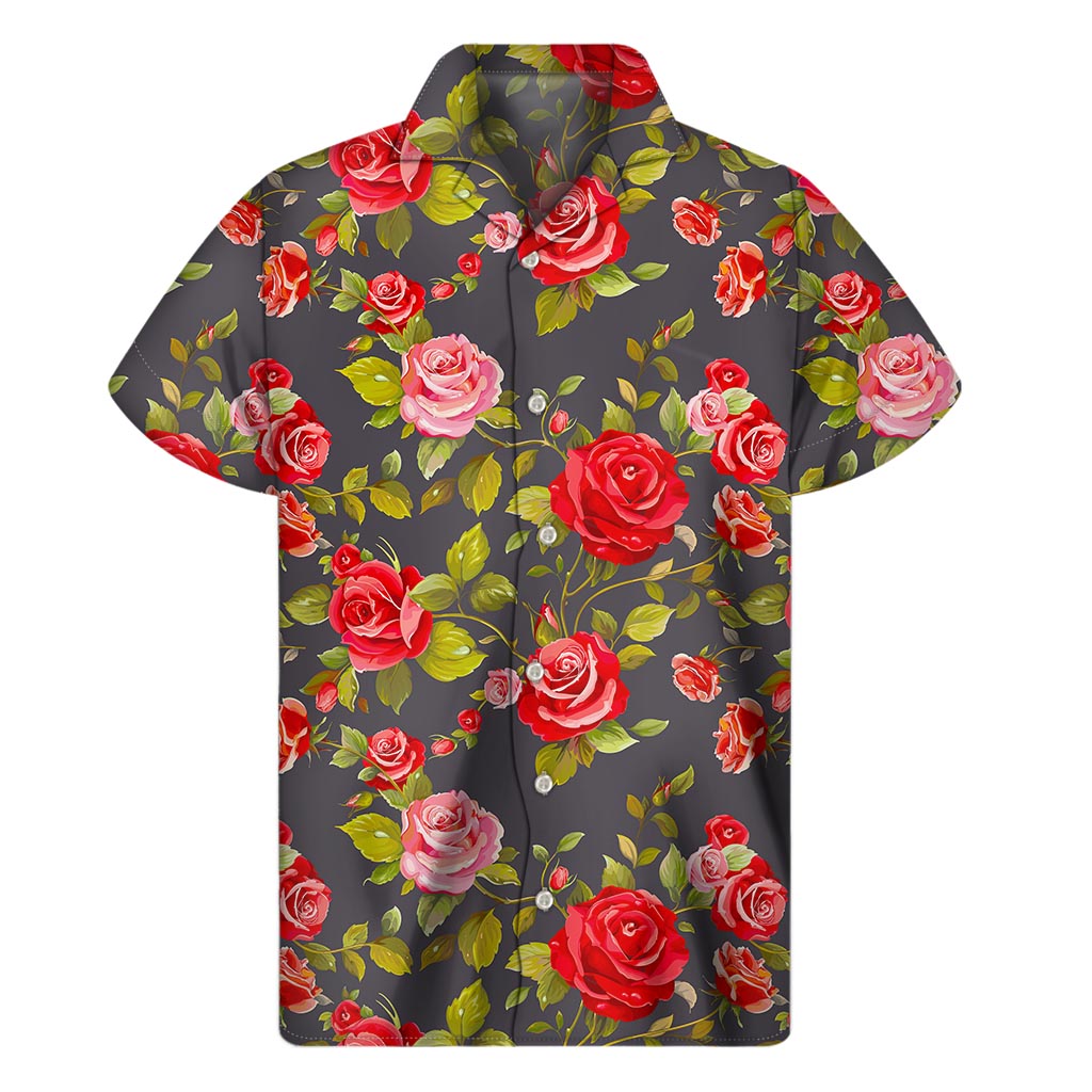 Tropical Island Vibes: Pink &amp; Red Rose Hawaiian Short Sleeve Shirt - 1