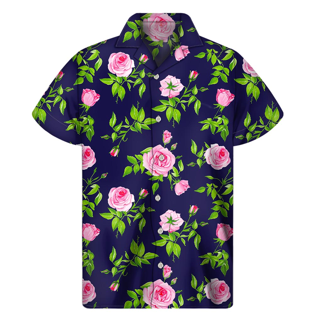 Island Vibes: Pink Rose Floral Hawaiian Short Sleeve Shirt - 1