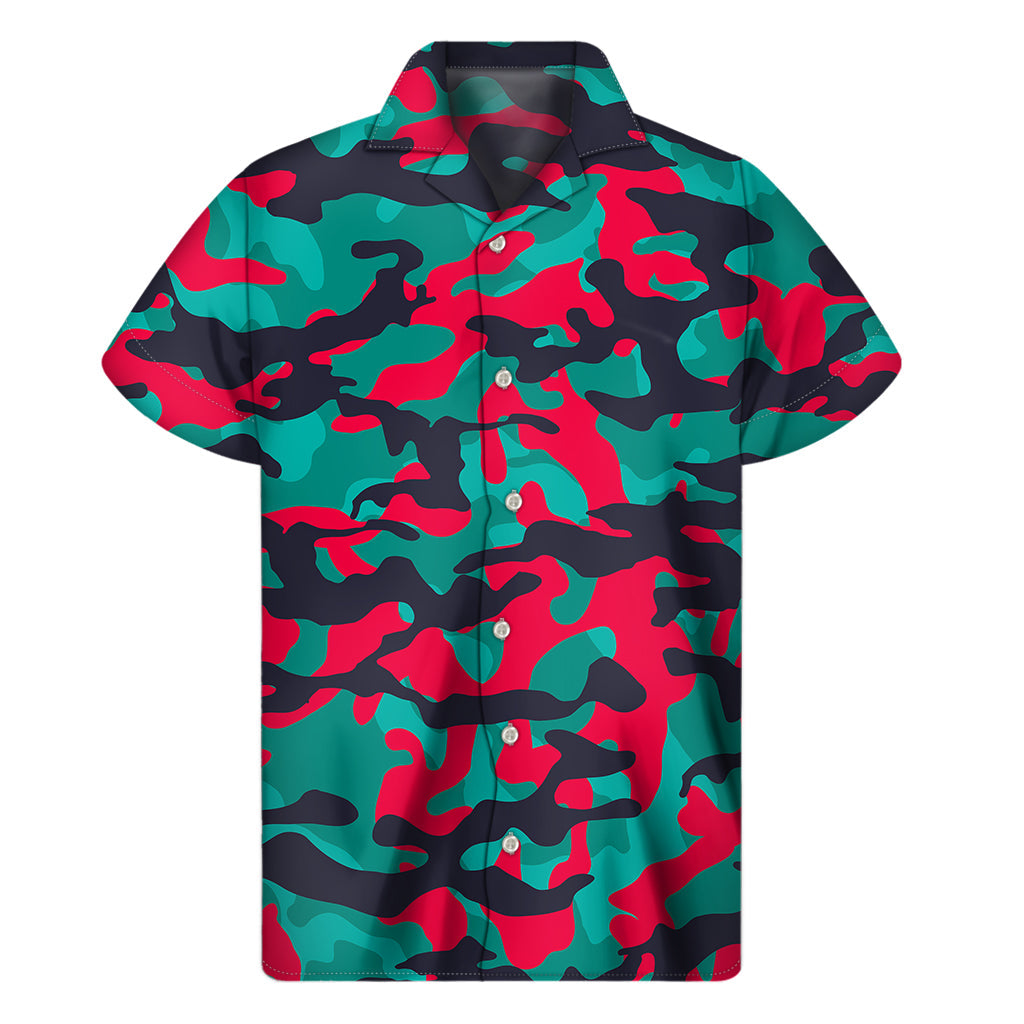 Pink Teal and Black Camouflage Hawaiian Short Sleeve Shirt - 1